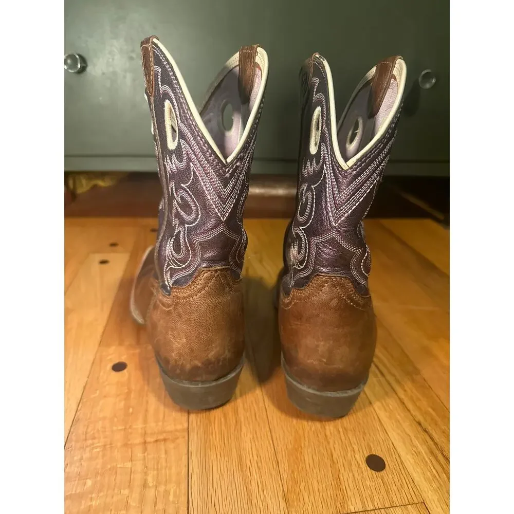 Ariat Youth Cowboy Boots Girls Sz 4 Brown Purple Square Toe Western Leather